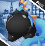  anthro belly belly_inflation big_belly big_tail blue_body border clothing glistening glistening_clothing gravityinbound hand_on_stomach hyper hyper_belly inflation inteleon male nintendo pok&eacute;mon pok&eacute;mon_(species) rubber rubber_clothing rubber_suit signature solo video_games 