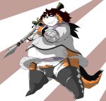  2022 anthro belly bernese_mountain_dog big_belly black_body black_nose brown_body bulge canid canine canis chibineco clothed clothing crossdressing domestic_dog hi_res humanoid_hands kemono male mammal molosser mountain_dog overweight overweight_male solo swiss_mountain_dog underwear weapon white_body 