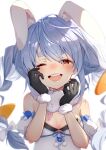  1girl ;d animal_ear_fluff animal_ears bangs bare_shoulders black_gloves blue_hair blush brat_(brabrabrat00) breasts carrot_hair_ornament crying crying_with_eyes_open detached_sleeves don-chan_(usada_pekora) dress ears_down extra_ears food-themed_hair_ornament fur_scarf gloves hair_ornament highres hololive long_hair medium_breasts one_eye_closed puffy_short_sleeves puffy_sleeves rabbit_ears rabbit_girl red_eyes short_eyebrows short_sleeves simple_background smile solo tears thick_eyebrows twintails upper_body usada_pekora virtual_youtuber white_background white_dress 