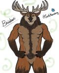  5_fingers abs anthro antlers body_hair brisben cervid cervine chest_hair eyebrows featureless_crotch fingers hands_on_hips happy_trail hi_res horn inner_ear_fluff looking_at_viewer male mammal muscular muscular_male navel orange_eyes pubes raised_eyebrow red_deer solo standing tuft xanderg_(artist) 