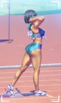  1girl a.x. ass bare_shoulders baton bikini black_hair buruma closed_eyes dated from_side full_body highres kneepits midriff original shoes short_hair sneakers solo sports_bikini standing sweat swimsuit tan tankini taut_clothes thighs track_and_field track_uniform 