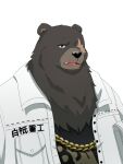  2022 anthro ben_(zenless_zone_zero) black_nose bonbonkun15 brown_body clothing kemono male mammal mihoyo overweight overweight_male portrait shirt simple_background solo text text_on_clothing text_on_shirt text_on_topwear topwear ursid video_games white_background zenless_zone_zero 