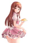  1girl absurdres alternate_costume b1ack_illust bangs blunt_bangs brown_hair dress enmaided food highres holding holding_tray idolmaster idolmaster_million_live! idolmaster_million_live!_theater_days long_hair looking_at_viewer looking_back maid omurice pink_dress puffy_short_sleeves puffy_sleeves short_sleeves simple_background skirt_hold smile solo tanaka_kotoha tray twisted_torso very_long_hair white_background 