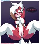  anthro anus blush body_blush breasts butt chest_tuft dialogue featureless_breasts female fur genitals hair hi_res looking_at_viewer lycanroc lying lynn_(theidiotmuffin) midnight_lycanroc navel nintendo nude on_back open_mouth pok&eacute;mon pok&eacute;mon_(species) pussy pussy_blush red_body red_eyes red_fur signature solo speech_bubble spread_legs spreading text theidiotmuffin tuft video_games white_body white_fur white_hair 