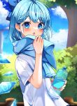  1girl :o alternate_costume blue_bow blue_eyes blue_hair blue_sky bottle bow cirno cloud day hair_behind_ear hair_bow highres holding holding_bottle ice ice_wings open_mouth outdoors shirt short_sleeves sky solo touhou towel towel_around_neck tree upper_body water_bottle white_shirt wings yuineko 