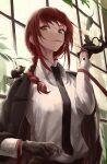  1girl bangs black_necktie braid braided_ponytail breasts chainsaw_man collared_shirt formal gloves highres long_hair long_sleeves looking_at_viewer makima_(chainsaw_man) melt_(ghfla10) mouse mouth_hold necktie plant red_hair ringed_eyes shirt smile solo suit white_shirt window yellow_eyes 