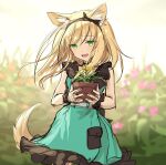  1girl :d animal_ear_fluff animal_ears arknights bangs black_hairband blonde_hair blurry blurry_background chagara commentary_request depth_of_field dress flower flower_pot frilled_dress frills green_dress green_eyes hairband holding long_hair pink_flower plant podenco_(arknights) podenco_(wake_up_from_a_nap)_(arknights) potted_plant sketch sleeveless sleeveless_dress smile solo tail twitter_username wrist_cuffs yellow_flower 