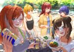  5girls ;d ^_^ ^o^ arisugawa_natsuha barbecue beer_can blush bowl breasts can cleavage closed_eyes collarbone double_bun forest grill hair_bun highres holding holding_bowl holding_tongs houkago_climax_girls_(idolmaster) idolmaster idolmaster_shiny_colors kaiso_(kaisooekaki) komiya_kaho looking_at_viewer medium_breasts morino_rinze multiple_girls nature one_eye_closed outdoors ponytail saijo_juri smile sonoda_chiyoko 