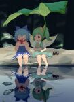  2girls :d absurdres barefoot blue_bow blue_dress blue_hair blurry blurry_background bow cirno closed_eyes daiyousei dress eating esthoric food fruit green_eyes green_hair hair_bow highres ice ice_wings leaf multiple_girls open_mouth pinafore_dress puffy_short_sleeves puffy_sleeves ribbon shade short_hair short_sleeves sitting smile touhou underwear watermelon wings yellow_bow 