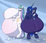  2019 anthro anthrofied big_breasts blue_body blue_eyes blue_hair blue_nipples breasts bubble bumpywish cutie_mark digital_media_(artwork) duo equid equine friendship_is_magic hair hasbro hi_res holding_object horn huge_breasts hyper hyper_breasts hyper_pregnancy long_hair mammal multicolored_hair multicolored_tail my_little_pony navel nipples pink_eyes pink_nipples pregnant princess_celestia_(mlp) princess_luna_(mlp) shower sibling sister sisters smile soap sponge tongue tongue_out unicorn water wet white_body 