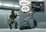  absurd_res annoyed anthro artbyyellowdog ass_up big_breasts big_butt bodysuit boots breasts butt canid canine clothing dialogue duo felid feline female footwear gun hi_res konami male male/female mammal mask metal_gear ranged_weapon skinsuit solid_snake stuck tight_clothing video_games weapon 