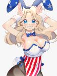  1girl absurdres alternate_costume american_flag american_flag_print animal_ears arms_up black_pantyhose blaze_(artist) blonde_hair blue_bow blue_bowtie blue_eyes blue_hairband bow bowtie breasts covered_navel detached_collar fake_animal_ears flag_print girls_und_panzer hair_intakes hairband highleg highleg_leotard highres kay_(girls_und_panzer) large_breasts leotard long_hair pantyhose playboy_bunny print_hairband print_leotard rabbit_ears solo star_(symbol) star_print strapless strapless_leotard wrist_cuffs 