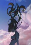  1girl absurdres bangs blue_eyes blurry bodysuit breasts brown_hair closed_eyes closed_mouth cloud day depth_of_field evangelion:_3.0+1.0_thrice_upon_a_time facing_down floating_hair framed_breasts from_side gradient_sky hairpods highres interface_headset long_hair motion_blur neon_genesis_evangelion pilot_suit plugsuit profile rebuild_of_evangelion skin_tight sky solo souryuu_asuka_langley tachibana_wataru_(123tsuki) test_plugsuit turtleneck upper_body white_bodysuit 