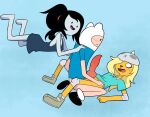  2020 adventure_time animal_genitalia animal_penis anthro black_hair blue_background blush bronwyn canid canine canine_penis cartoon_network clothed clothing clothing_lift erection female finn_the_human genitals group gynomorph gynomorph/male hair hand_on_shoulder hi_res human human_on_anthro intersex intersex/male interspecies joshin long_hair lying male mammal marceline_abadeer on_back open_mouth penis shirt shirt_lift side_view simple_background topwear trio vampire 