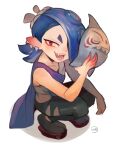  absurdres asymmetrical_hair blue_hair cephalopod_eyes chest_sarashi ear_piercing fangs full_body highres mask open_mouth pants piercing pointy_hair poncho red_eyes sarashi sharp_teeth shiver_(splatoon) simple_background smile solo splatoon_(series) splatoon_3 squatting suction_cups sui_(suizilla) teeth tentacle_hair white_background 