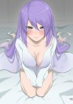  1girl absurdres bed_sheet breasts byeon collarbone from_above highres hololive hololive_indonesia long_hair looking_at_viewer looking_up moona_hoshinova no_pants purple_hair shirt thighs virtual_youtuber white_shirt yellow_eyes 