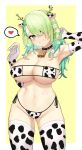  1girl absurdres animal_print armpits bell bikini blush breasts ceres_fauna cleavage cow_print elbow_gloves flower gloves green_hair hair_flower hair_ornament heart highres hololive hololive_english horns long_hair looking_at_viewer moursho navel neck_bell smile solo spoken_heart swimsuit thighhighs virtual_youtuber yellow_eyes 
