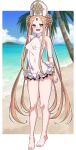  1girl abigail_williams_(fate) abigail_williams_(swimsuit_foreigner)_(fate) arms_behind_back bangs bare_shoulders beach black_bow blonde_hair blue_eyes blue_sky blush bow braid braided_bun breasts covered_navel covered_nipples double_bun dress_swimsuit fate/grand_order fate_(series) forehead full_body hair_bun hat highres keyhole long_hair looking_at_viewer mitre multiple_bows muta_poo ocean open_mouth orange_bow palm_tree parted_bangs shore sidelocks sky small_breasts smile solo swimsuit tree twintails very_long_hair white_headwear white_swimsuit 