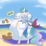  2022 absurd_res anthro anthrofied beach belly beverage big_belly big_breasts big_butt breasts bumpywish butt cola container cup cutie_mark day digital_media_(artwork) equid equine feathered_wings feathers female fish_tail food friendship_is_magic hair hasbro hi_res holding_cup holding_object horn huge_breasts huge_butt hyper hyper_belly hyper_breasts magic mammal multicolored_hair multicolored_tail my_little_pony princess_celestia_(mlp) purple_eyes sandwich_(food) sea seaside sky soda solo standing tongue tongue_out towel water white_body white_feathers winged_unicorn wings 