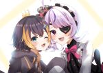  2girls black_hair black_hoodie blush cowlick dress eyepatch fish_hair_ornament hair_ornament heart heart_hair highres hood hoodie maria_marionette multicolored_hair multiple_girls nijisanji nijisanji_en nyuyosuke_o_shigoto_boshuuchu one_eye_covered open_mouth orange_hair petra_gurin pink_hair short_hair sleeves_past_fingers sleeves_past_wrists smile streaked_hair two-tone_hoodie virtual_youtuber white_dress white_hoodie 