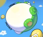  belly belly_inflation big_belly cloud floating glistening glistening_body hi_res hyper hyper_belly inflatingskunk inflation mario_bros nintendo onomatopoeia p-balloon puffed_cheeks simple_background solo sound_effects spherical_inflation text video_games yoshi 