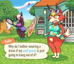  animal_crossing anthro audie_(animal_crossing) being_watched blush bottomless bottomwear bug_net building canid canine canis casual_nudity clothed clothing clothing_lift dress duo english_text equid equine eyewear eyewear_on_head female gift hi_res horse house looking_at_another mammal meme nintendo outside plant reneigh_(animal_crossing) skirt skirt_lift sunglasses sunglasses_on_head surfboard text tinydevilhorns tree video_games wolf 