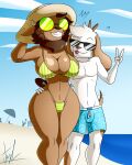  angel_(lechugansfw) anthro beach bikini bovid breasts canid canine canis caprine clothing daniel_(lechugansfw) dark_body detailed_background domestic_dog duo eyewear female freckles freckles_on_breasts hat headgear headwear hi_res lechugansfw male mammal photo pose romantic romantic_couple seaside sheep size_difference sunglasses swimwear taller_female 