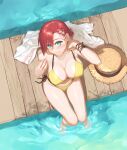  1girl absurdres aqua_eyes bangs bikini blush boudica_(fate) breasts cleavage clothes_removed covered_nipples dock earrings fate/grand_order fate_(series) flower hair_flower hair_ornament hat hat_removed headwear_removed highres jewelry looking_at_viewer red_hair shoe-ji sitting smile solo straw_hat swimsuit wading wet yellow_bikini 