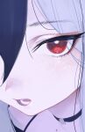  1girl black_hair blue_archive blush choker close-up grey_hair hair_between_eyes highres kayoko_(blue_archive) looking_at_viewer mole multicolored_hair open_mouth red_eyes s2j00 sketch solo teeth two-tone_hair 