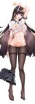 1girl :p absurdres arm_up azur_lane black_pantyhose black_sailor_collar black_skirt breasts brown_hair covered_nipples full_body highres horns long_hair looking_at_viewer luqingyu medium_breasts midriff miniskirt nipples no_bra noshiro_(azur_lane) oni_horns pantyhose pleated_skirt purple_eyes sailor_collar see-through see-through_shirt shirt short_sleeves simple_background skirt skirt_around_one_leg solo thighband_pantyhose tongue tongue_out uniform very_long_hair white_background white_shirt 