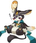  2020 absurd_res ambiguous_gender black_body black_eyes black_face black_fur cheek_tuft clothed clothing countershading facial_tuft feral fur gloves_(marking) hi_res hybrid inner_ear_fluff japanese_text kemono kintubaovo long_tail markings multicolored_body multicolored_fur narrowed_eyes open_mouth pawpads purple_sclera shaded sitting solo text tuft two_tone_face white_body white_countershading white_face white_fur white_inner_ear white_inner_ear_fluff yellow_inner_ear yellow_pawpads 