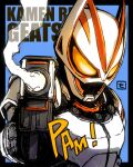  1boy absurdres animal_ears blue_background english_text fox fox_ears gun handgun helmet highres kamen_rider kamen_rider_geats kamen_rider_geats_(series) kitsune lightning magnum_boost magnum_shooter_40x male_focus moyan orange_eyes procreate_(medium) scarf smoke smoke_trail solo sound_effects tokusatsu upper_body weapon western_comics_(style) white_armor white_scarf 