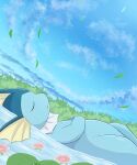 ambiguous_gender blue_body cloud day eeveelution eyes_closed feral fin fin_frill floating flower frill_(anatomy) grass hand_on_chest hi_res lily_pad lotus_(flower) lying membrane_(anatomy) membranous_frill nintendo on_back outside partially_submerged plant pok&eacute;mon pok&eacute;mon_(species) river rumine sky sleeping solo vaporeon video_games water 