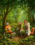  2022 anthro clothed clothing day detailed_background digital_media_(artwork) domestic_cat felid feline felis forest grass group irbeus male mammal outside plant rodent sciurid smile tree trio 