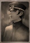  1boy artist_request black_hair cape cloak devil_summoner gakuran hat highres kuzunoha_raidou looking_at_viewer male_focus megami_tensei peaked_cap school_uniform shako_cap short_hair sideburns solo 