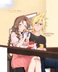 1boy 1girl aerith_gainsborough alternate_costume alternate_hairstyle artist_name bandaid bandaid_on_knee bandaid_on_leg bangs black_shirt blonde_hair blue_eyes blush braid breasts burger casual closed_eyes cloud_strife cup dated denim disposable_cup drinking_straw eating fast_food feet_out_of_frame final_fantasy final_fantasy_vii final_fantasy_vii_remake food food_on_face hair_between_eyes hairband holding holding_cup holding_food indoors jeans jewelry krudears long_hair looking_at_another medium_breasts pants parted_bangs picture_frame pink_shirt pink_skirt puffy_short_sleeves puffy_sleeves restaurant ring shirt short_hair short_sleeves sidelocks sitting skirt spiked_hair t-shirt twin_braids twitter_username wavy_hair web_address 