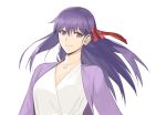  1girl breasts cleavage coat dress ear_piercing earrings fate/stay_night fate_(series) gomtang jewelry long_dress long_hair looking_at_viewer matou_sakura necklace piercing purple_eyes purple_hair ribbon simple_background smile solo upper_body white_background 