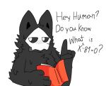  4_fingers anthro black_body black_fur black_inner_ear book canid canine canis changed_(video_game) chest_tuft english_text fingers fur gesture goo_creature holding_book holding_object lazyh male mammal mask math pointing pointing_up puro_(changed) reading reading_book red_book simple_background solo text tongue tongue_out tuft white_background white_eyes wolf 