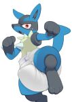  ambiguous_gender bodily_fluids diaper embarrassed feral fighting_pose hi_res looking_at_viewer lucario nintendo nyanyakotarou one_foot_raised open_mouth paws pok&eacute;mon pok&eacute;mon_(species) pose solo spikes tears teeth tongue video_games 