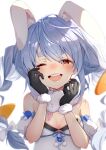  1girl ;d animal_ear_fluff animal_ears bangs bare_shoulders black_gloves blue_hair blush brat_(brabrabrat00) breasts carrot_hair_ornament crying crying_with_eyes_open detached_sleeves don-chan_(usada_pekora) dress ears_down extra_ears food-themed_hair_ornament fur_scarf gloves hair_ornament highres hololive long_hair medium_breasts one_eye_closed puffy_short_sleeves puffy_sleeves rabbit_ears rabbit_girl red_eyes revision short_eyebrows short_sleeves simple_background smile solo tears thick_eyebrows twintails upper_body usada_pekora virtual_youtuber white_background white_dress 