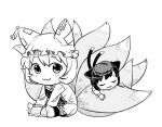  2girls :3 animal_ears bangs blush cat_ears cat_tail chen chibi closed_eyes closed_mouth commentary_request dress fox_ears fox_tail full_body greyscale grimay hat kitsune long_sleeves looking_at_viewer mob_cap monochrome multiple_girls multiple_tails nekomata pillow_hat short_hair simple_background sitting smile tabard tail touhou two_tails yakumo_ran 
