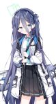  1girl :d absurdly_long_hair arisu_(blue_archive) bangs black_hairband blue_archive blue_eyes blue_necktie collared_shirt dark_blue_hair hair_between_eyes hairband halo highres jacket long_hair long_sleeves looking_at_viewer multicolored_clothes multicolored_jacket necktie one_side_up pleated_skirt railgun sabasabanikomi shirt skirt smile tie_clip very_long_hair weapon weapon_on_back white_jacket white_shirt 