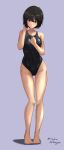  1girl absurdres amagami ass_visible_through_thighs barefoot black_hair black_swimsuit brown_eyes competition_swimsuit full_body grey_swimsuit highleg highres looking_at_another mitojyaneeeeyo nanasaki_ai one-piece_swimsuit short_hair simple_background sweat swimsuit tight toes two-tone_swimsuit 
