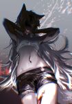  1girl animal_ears arknights armpits bangs black_shorts blood blood_on_face blood_on_hands blood_on_leg blood_splatter blurry cowboy_shot crop_top depth_of_field facing_down facing_viewer from_below gradient gradient_background grey_background grey_hair grin groin hands_on_own_cheeks hands_on_own_face hands_up highres lappland_(arknights) long_hair midriff moruki shaded_face shorts sleeveless smile solo splatter tail tears toned very_long_hair wolf_ears wolf_girl wolf_tail 