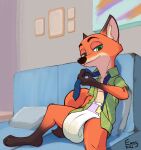 anthro bed bodily_fluids canid canine clothing diaper digitigrade disney extry fox furniture genital_fluids hi_res looking_at_viewer male mammal necktie nick_wilde paws photo pillow shirt sitting solo topwear unbuttoned_shirt untied urine wet_diaper wetting zootopia 