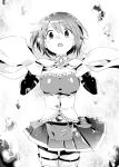  1girl blush breasts bubble cape cowboy_shot detached_sleeves gloves greyscale hair_between_eyes hair_ornament hairclip hands_on_own_chest looking_at_viewer magical_girl mahou_shoujo_madoka_magica medium_breasts miki_sayaka miniskirt monochrome muiko_i musical_note musical_note_hair_ornament open_mouth pleated_skirt short_hair skirt solo thighhighs white_cape white_gloves 