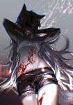  1girl animal_ears arknights armpits bangs black_shorts blood blood_on_chest blood_on_clothes blood_on_face blood_on_hands blood_on_leg blood_splatter blurry cowboy_shot crop_top depth_of_field facing_down facing_viewer from_below gradient gradient_background grey_background grey_hair grin groin hands_on_own_cheeks hands_on_own_face hands_up highres lappland_(arknights) long_hair midriff moruki shaded_face shorts sleeveless smile solo splatter tail tears toned very_long_hair wolf_ears wolf_girl wolf_tail 