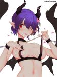  1girl artist_name bangs blush breasts chain collarbone copyright_request demon_girl demon_horns demon_wings earrings forked_tongue grey_background heart highres horns jewelry kana_yukino large_breasts navel one_eye_closed pointy_ears purple_hair red_eyes shiny shiny_hair short_hair simple_background solo tongue upper_body wings 