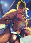  1boy abs arm_tattoo bara basket biceps blurry blurry_background brown_hair clothes_lift dark-skinned_male dark_skin ear_piercing earrings facial_tattoo fangs feet_out_of_frame food fruit fundoshi headband highres japanese_clothes jewelry large_pectorals looking_at_viewer male_focus male_underwear manly mature_male muscular muscular_male navel nipples original outdoors pectorals piercing pointy_ears red_eyes scar scar_on_face short_hair skirt skirt_lift sky smirk solo spiked_hair stomach_tattoo sun sunlight sweat sweatdrop tattoo teeth thick_arms thick_thighs thighs underwear waku_(ayamix) 