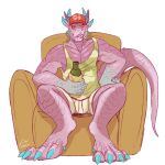  anthro armchair blue_claws blue_horn bottle bottomwear brown_armchair bulge chair claws clothing dragon front_view furniture green_clothing green_topwear hat headgear headwear holding_bottle holding_object horn imperatorcaesar looking_at_viewer male on_armchair orange_eyes pink_body pink_scales pink_tail pupils red_clothing red_hat red_headwear red_sclera scales signature simple_background sitting slit_pupils solo topwear white_background white_bottomwear white_clothing 